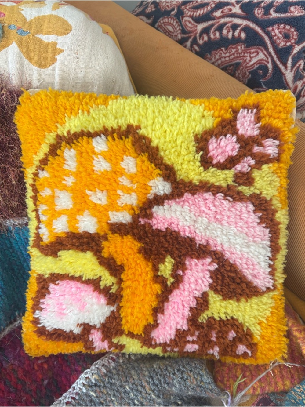 Vintage Yellow & Pink Mushroom Latch Hook Pillow